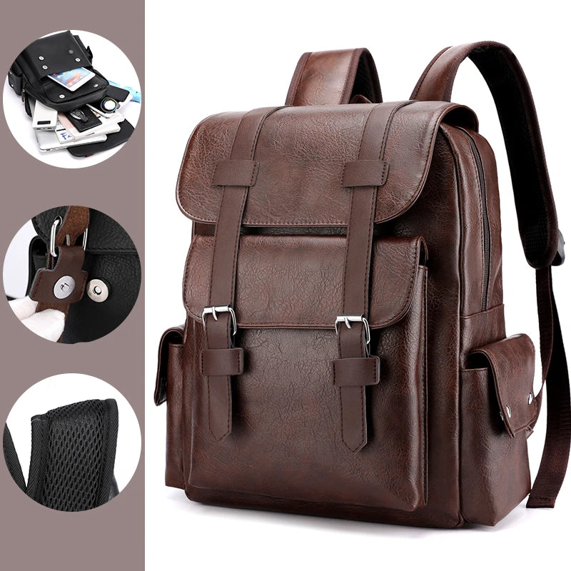 Stylish Men’s PU Leather Laptop Backpack – Large Capacity School & Travel Bag