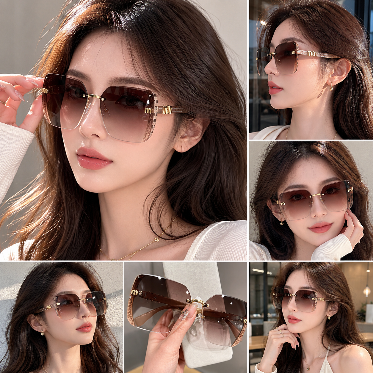 Collage of a woman wearing sunglasses with different angles and settings.