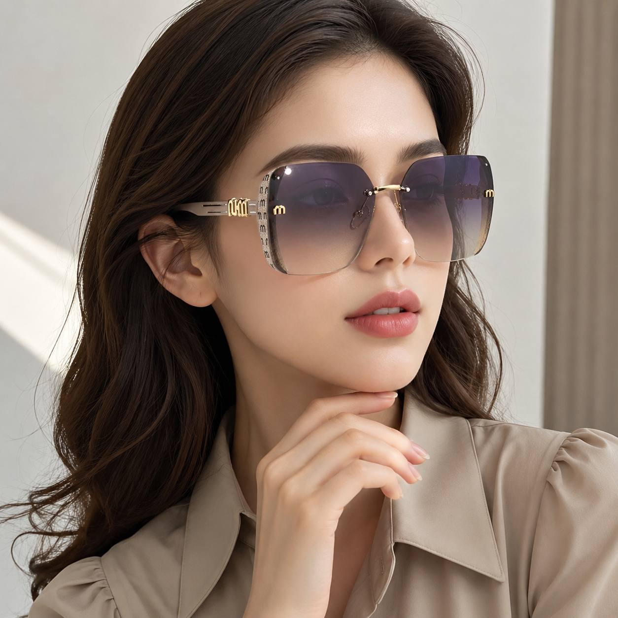 Woman wearing stylish sunglasses with a neutral background