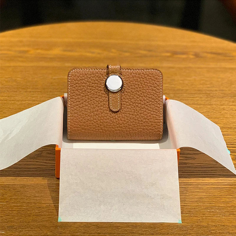 Taupe genuine leather card holder wallet with hasp closure