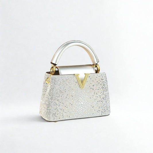 Genuine Leather V Letter Small Crossbody Bag - Diamonds Luxury Messenger Shell Bags