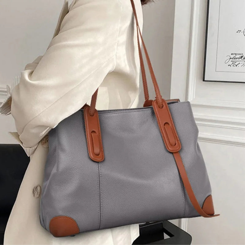 Luxury Soft Cowhide Leather Tote Bag - Women's Shoulder Handbag
