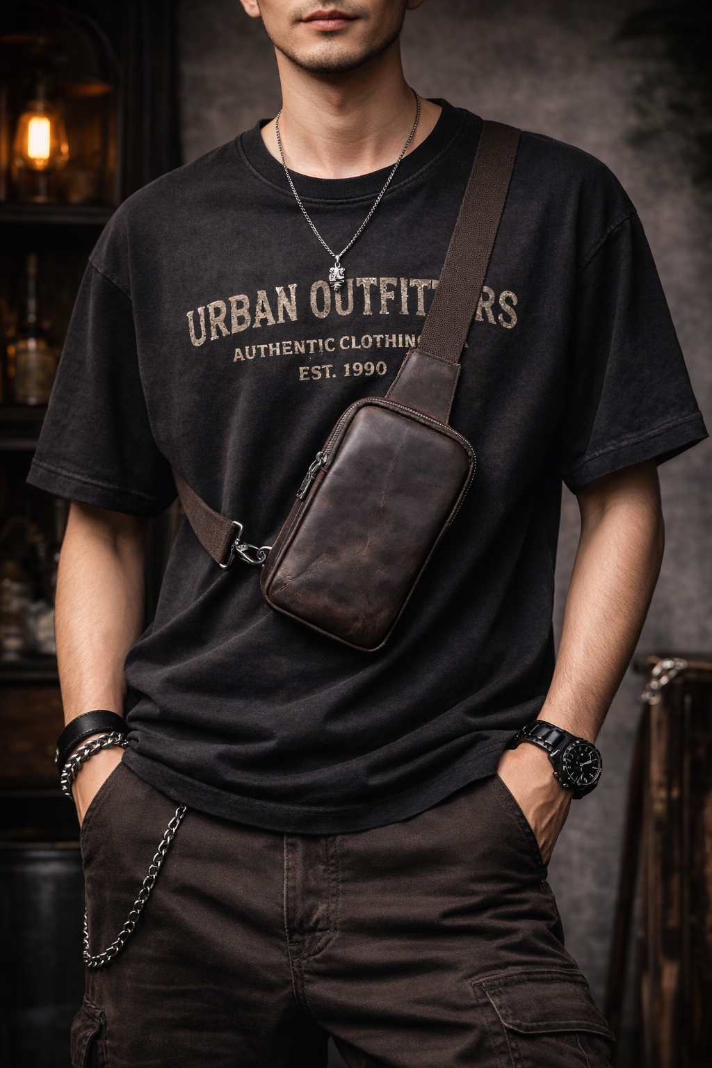 Vintage Full Grain Leather Sling Bag for Men – Premium Crossbody Chest Bag