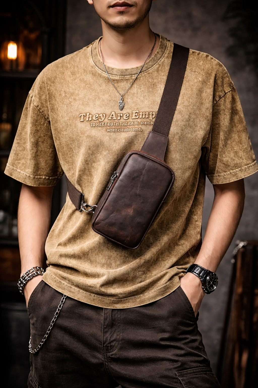 Vintage Full Grain Leather Sling Bag for Men – Premium Crossbody Chest Bag