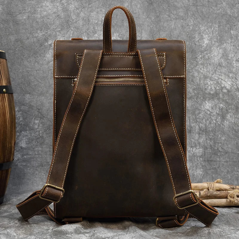 Men's Retro Crazy Horse Leather Backpack - Rucksack Brown Laptop Bag