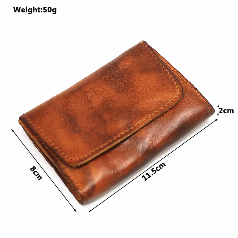 Brown leather wallet with measurements on a white background
