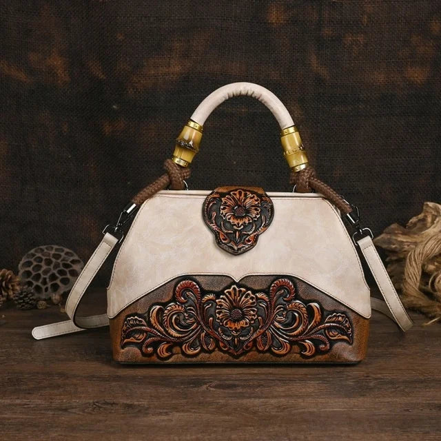 Women Leather Handmade Luxury Shoulder Handbag - Vintage Carved Ladies Bag