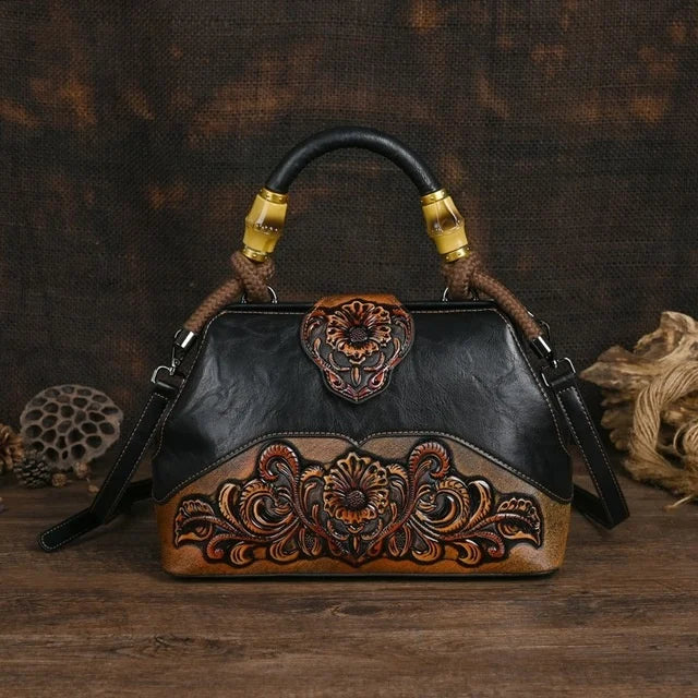 Women Leather Handmade Luxury Shoulder Handbag - Vintage Carved Ladies Bag