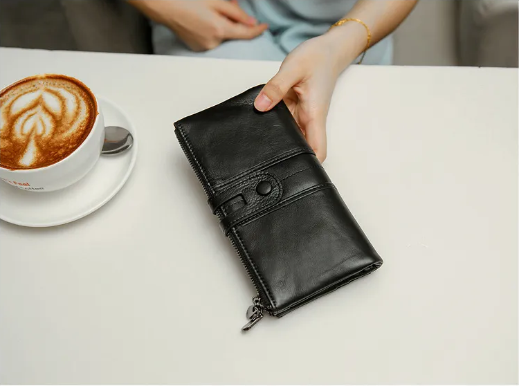 Women Genuine Cowhide Leather Clutch Wallet - Long Zipper Purse with Snap Button Closure