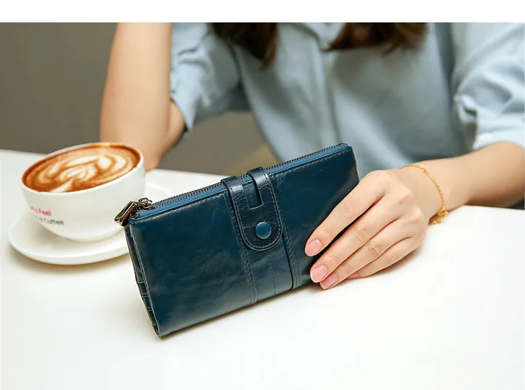 Women Genuine Cowhide Leather Clutch Wallet - Long Zipper Purse with Snap Button Closure