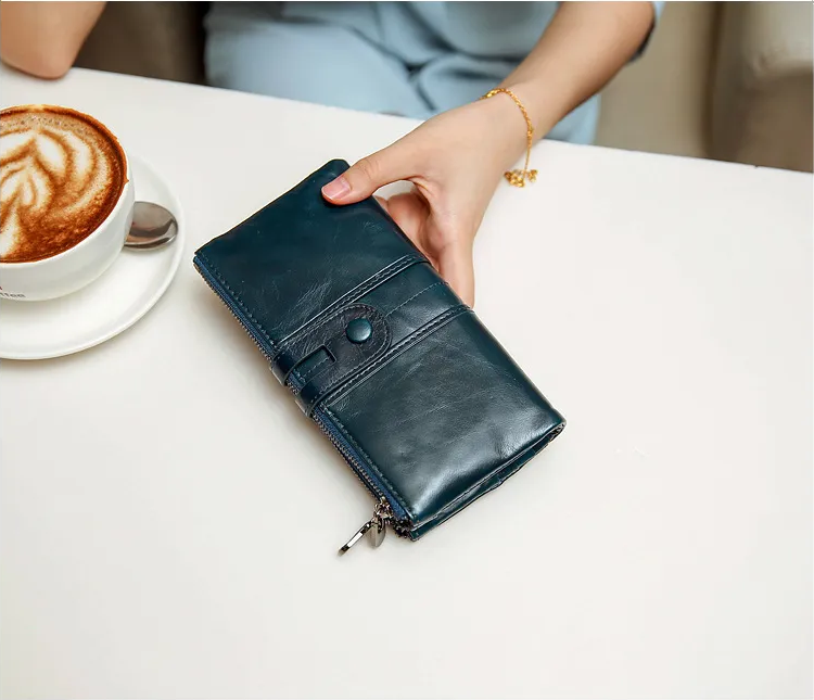 Women Genuine Cowhide Leather Clutch Wallet - Long Zipper Purse with Snap Button Closure