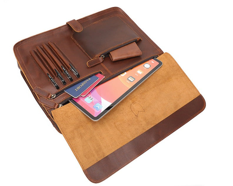 Luxury Leather Business Briefcase - Men Shoulder Portfolio Laptop Bag