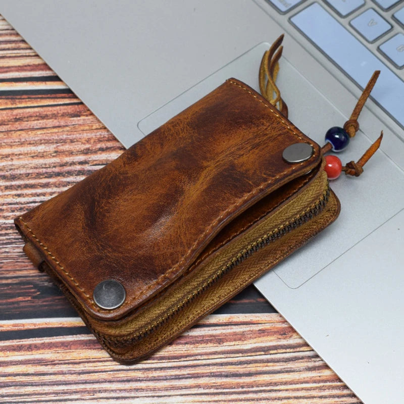 Genuine Leather Large Capacity Men Retro Wallet - Handmade Small Storage Bag