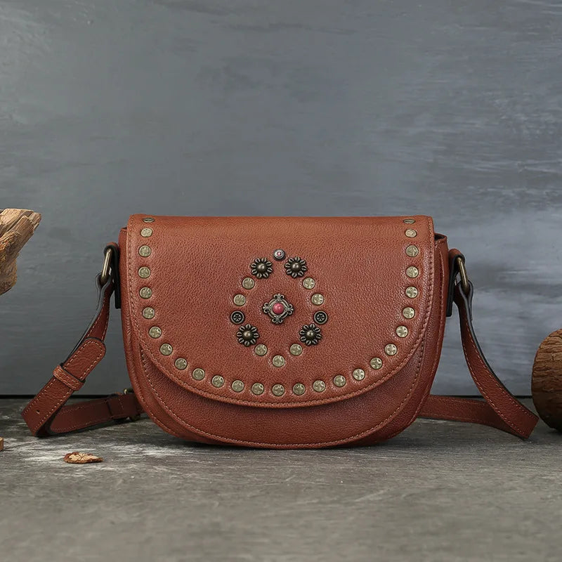 Genuine Leather Women's Saddle Bag - Retro Handmade Rivet Crossbody Bags