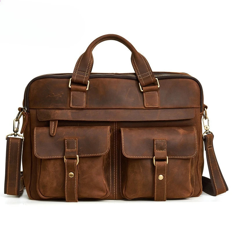 17 Inch Genuine Leather Men Briefcase - Vintage Stylish Zipper Handbag