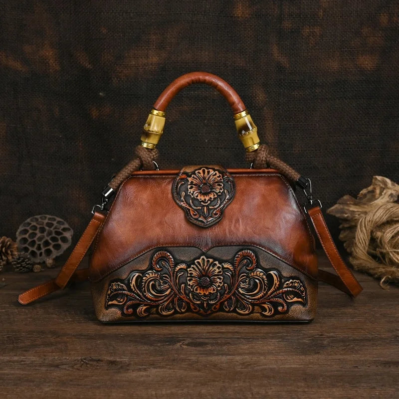 Women Leather Handmade Luxury Shoulder Handbag - Vintage Carved Ladies Bag