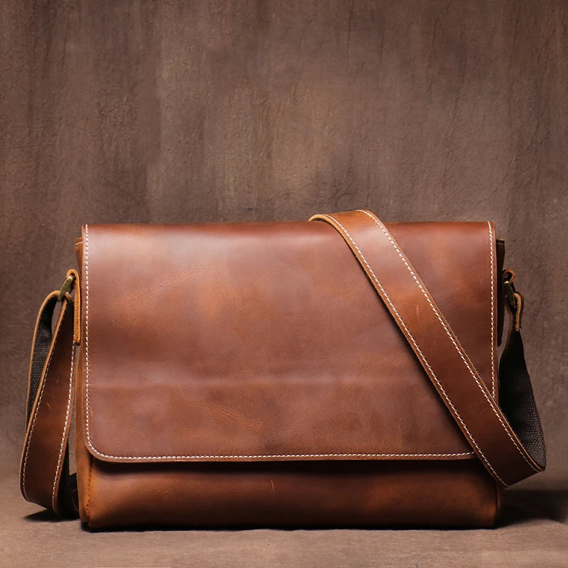Crazy Horse Leather Messenger Bag - Men's Vintage Flap Crossbody Bags