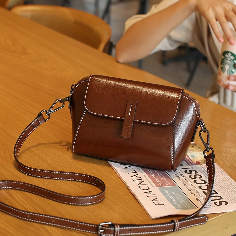 Oil Wax Cowhide Leather Crossbody Bag - Fashionable Versatile Shoulder Shell Handbag