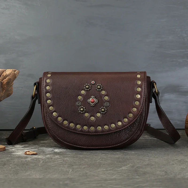 Genuine Leather Women's Saddle Bag - Retro Handmade Rivet Crossbody Bags