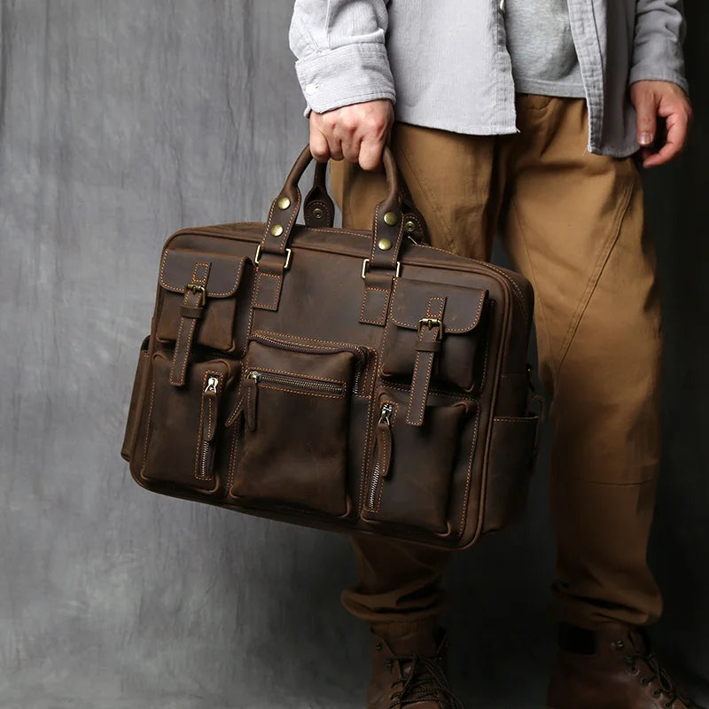 Top Layer Cowhide Retro Men's Leather Briefcase - Large Capacity Handbag Bag
