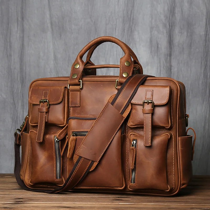 Top Layer Cowhide Retro Men's Leather Briefcase - Large Capacity Handbag Bag