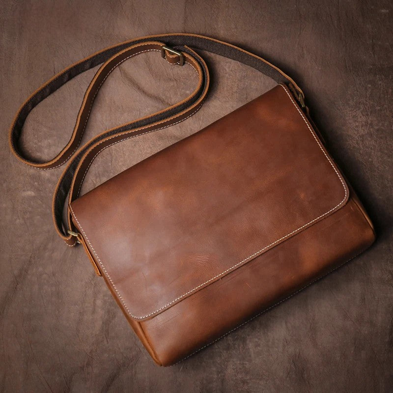 Crazy Horse Leather Messenger Bag - Men's Vintage Flap Crossbody Bags