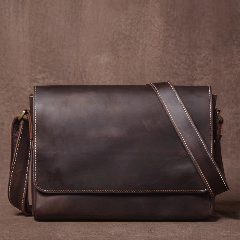 Crazy Horse Leather Messenger Bag - Men's Vintage Flap Crossbody Bags
