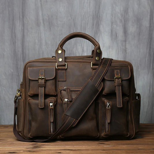 Top Layer Cowhide Retro Men's Leather Briefcase - Large Capacity Handbag Bag