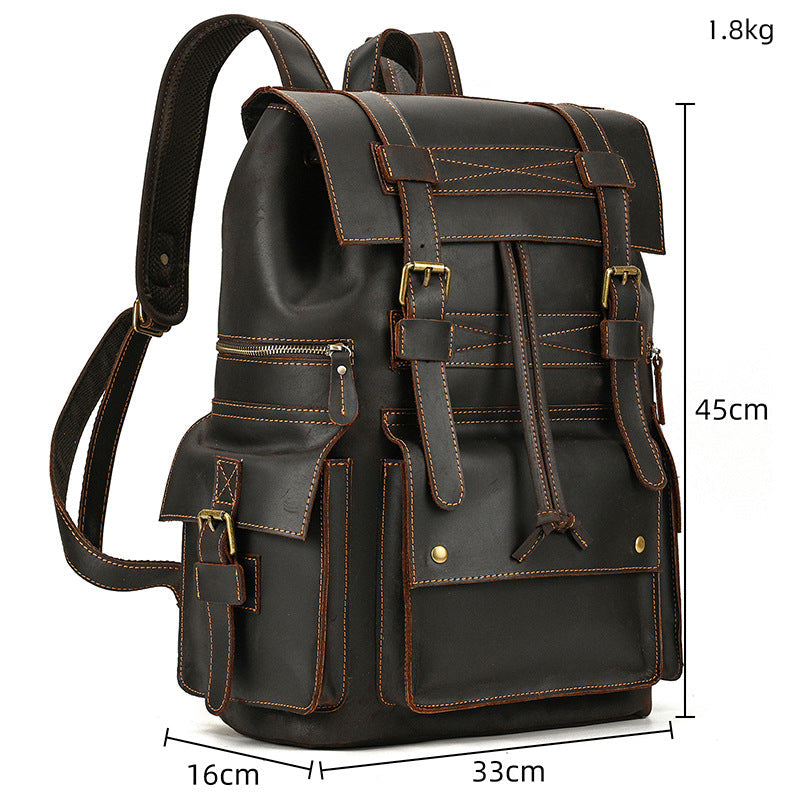 Retro Crazy Horse Leather Backpack – Large Capacity 16-Inch Cowhide Laptop & Travel Bag with Multi-Flap Pockets