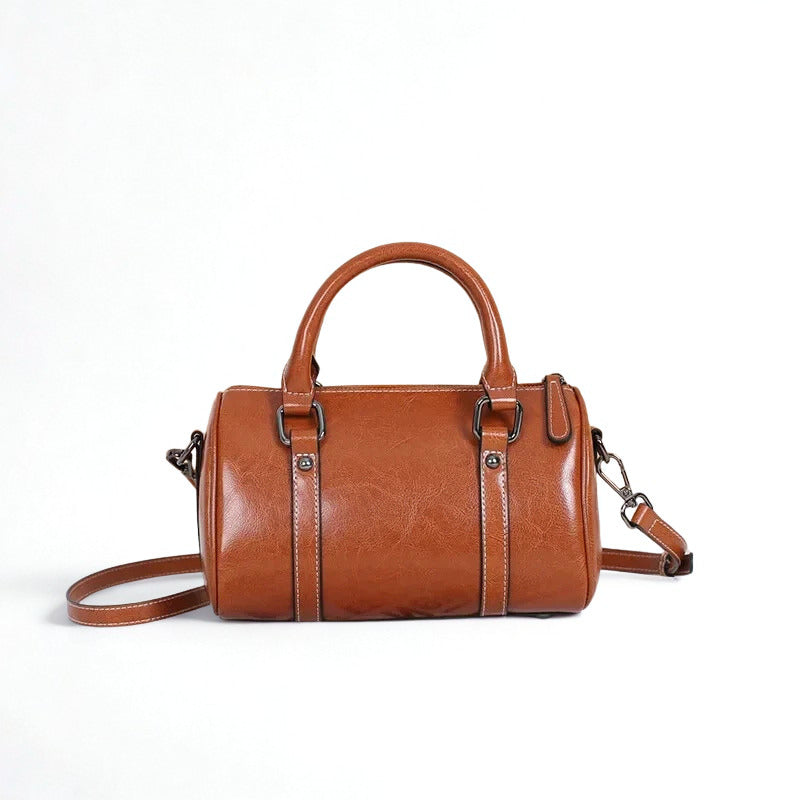 Cortex Lady Casual Zip Crossbody Bag - Top Grain Leather Cylinder Bag
