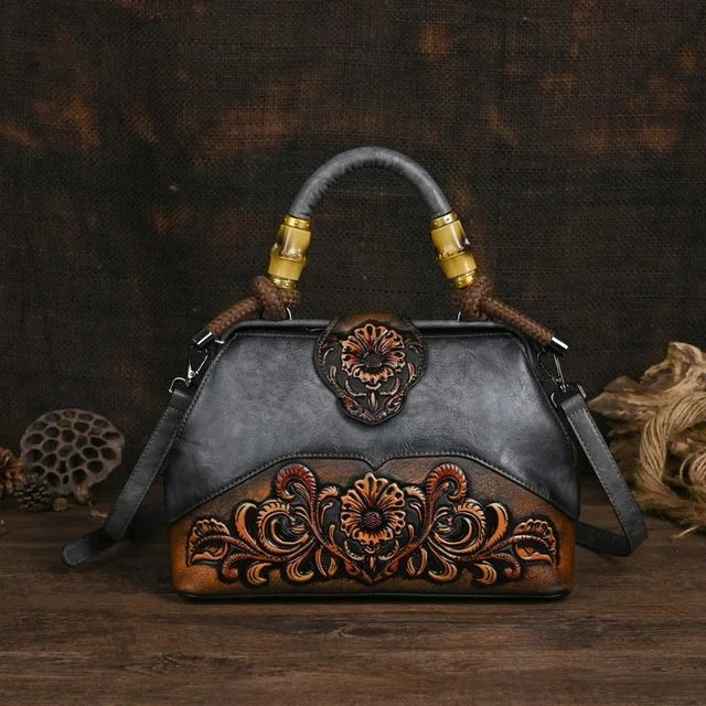 Women Leather Handmade Luxury Shoulder Handbag - Vintage Carved Ladies Bag