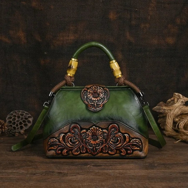 Women Leather Handmade Luxury Shoulder Handbag - Vintage Carved Ladies Bag