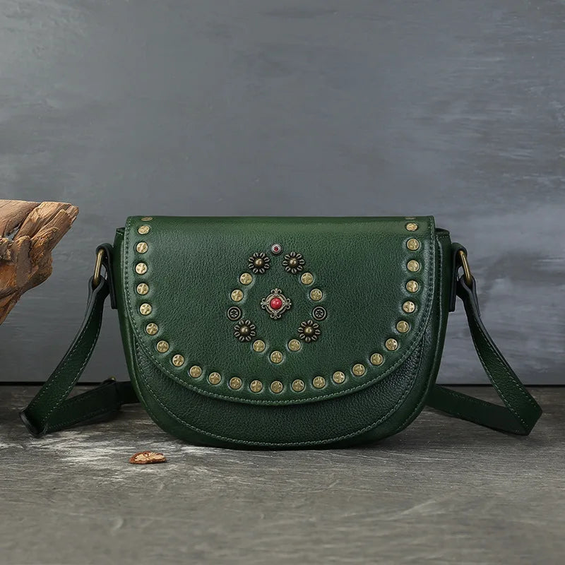 Genuine Leather Women's Saddle Bag - Retro Handmade Rivet Crossbody Bags