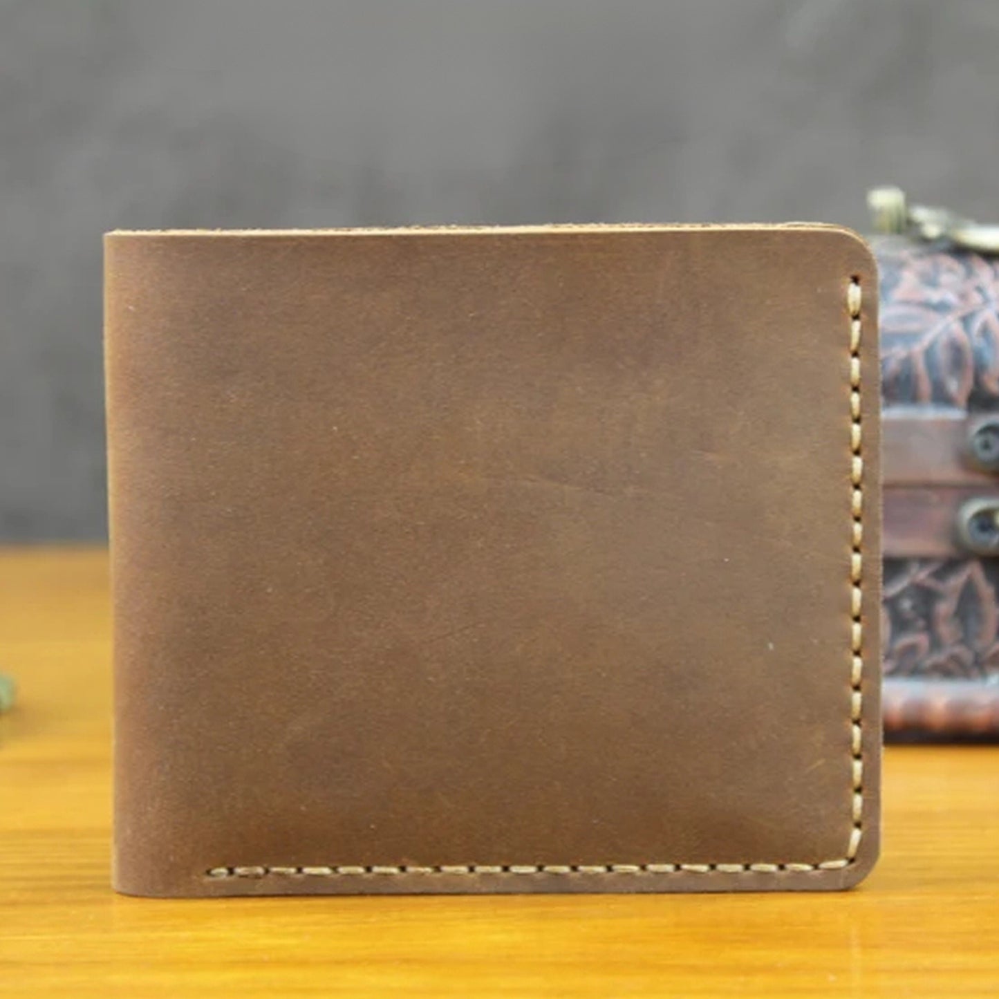 Vintage Crazy Horse Leather Short Wallet - Handmade Money Clip Purse