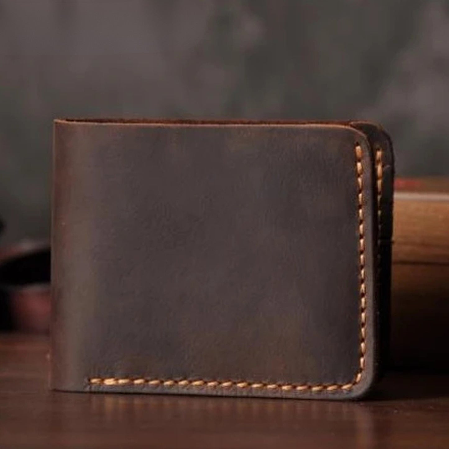 Vintage Crazy Horse Leather Short Wallet - Handmade Money Clip Purse