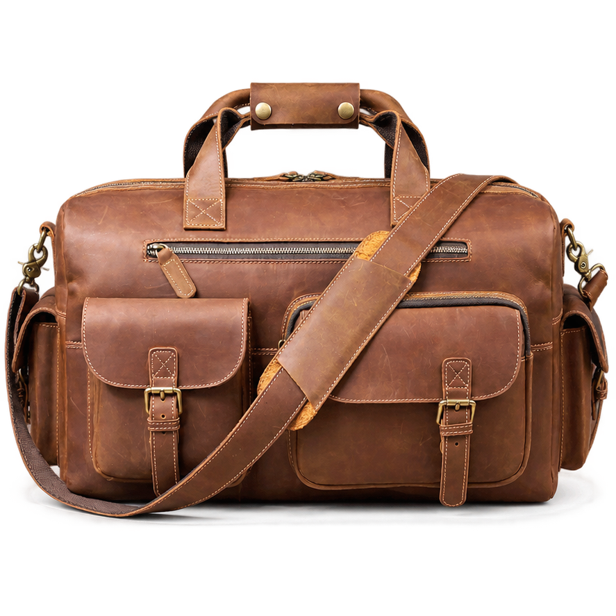 Vintage Full Grain Cowhide Leather Duffle Bag – Men's Multi-Pocket Travel Weekender