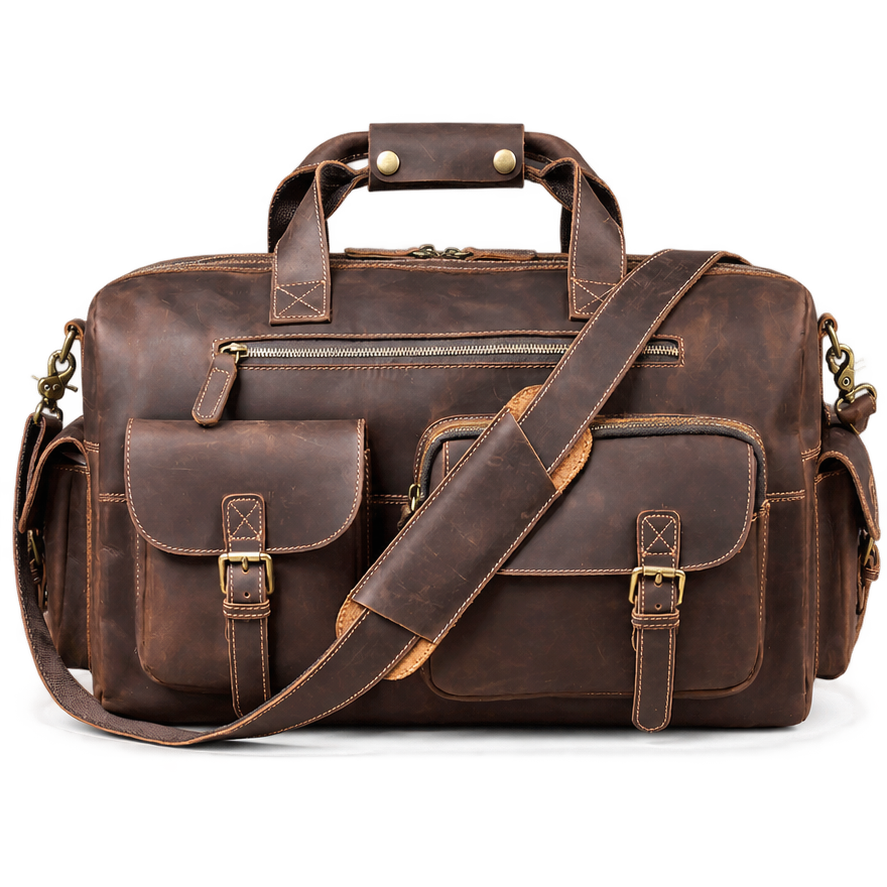 Vintage Full Grain Cowhide Leather Duffle Bag – Men's Multi-Pocket Travel Weekender