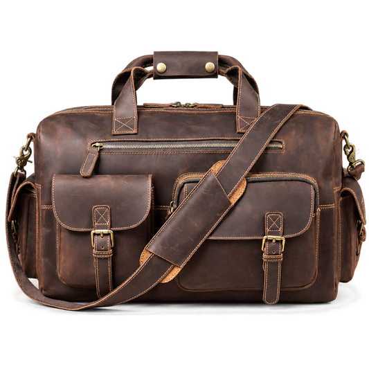 Vintage Full Grain Cowhide Leather Duffle Bag – Men's Multi-Pocket Travel Weekender