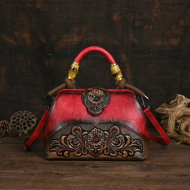 Women Leather Handmade Luxury Shoulder Handbag - Vintage Carved Ladies Bag
