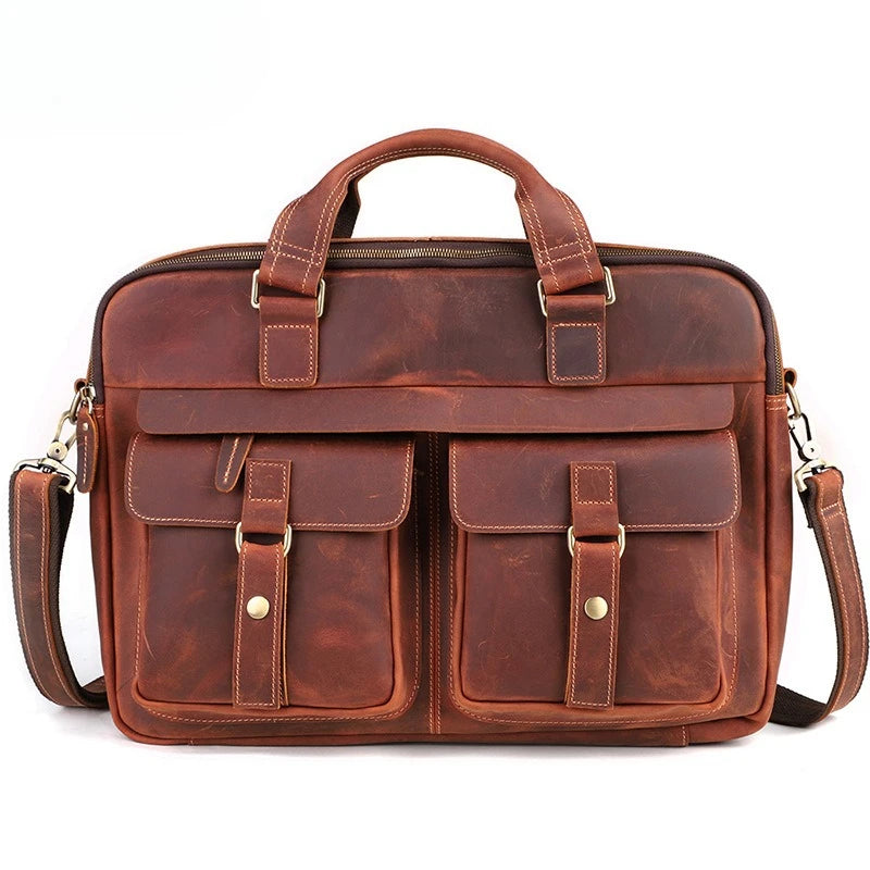 17 Inch Genuine Leather Men Briefcase - Vintage Stylish Zipper Handbag