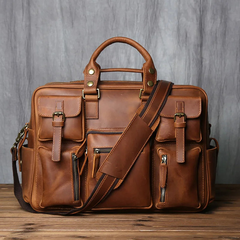 Top Layer Cowhide Retro Men's Leather Briefcase - Large Capacity Handbag Bag