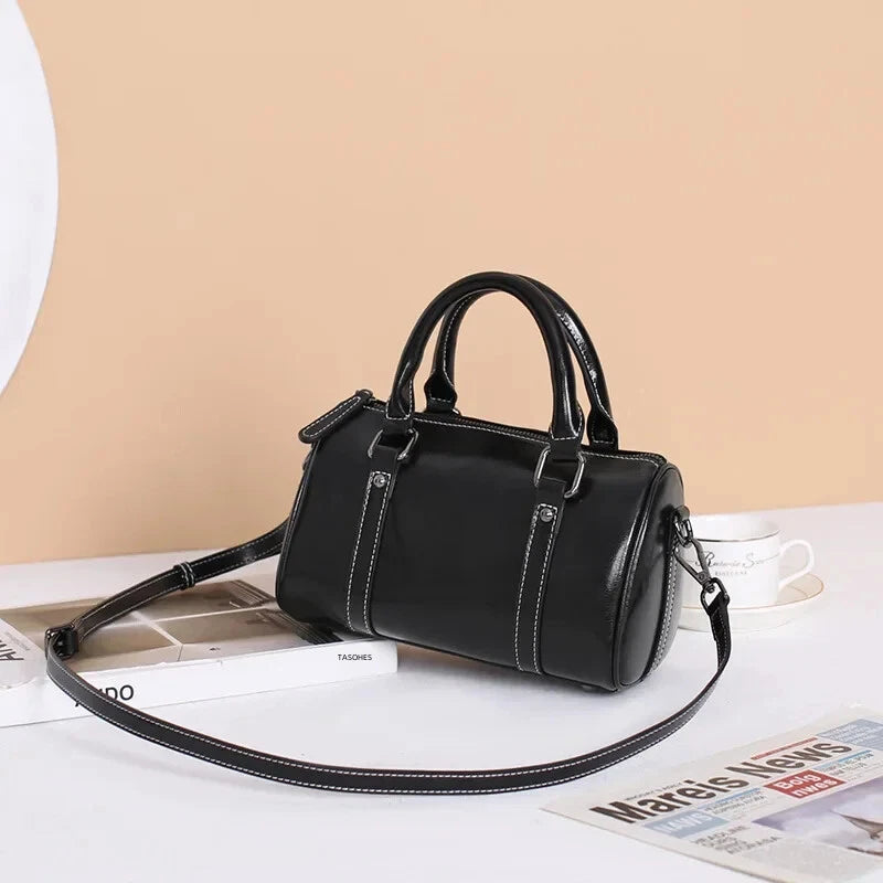 Cortex Lady Casual Zip Crossbody Bag - Top Grain Leather Cylinder Bag