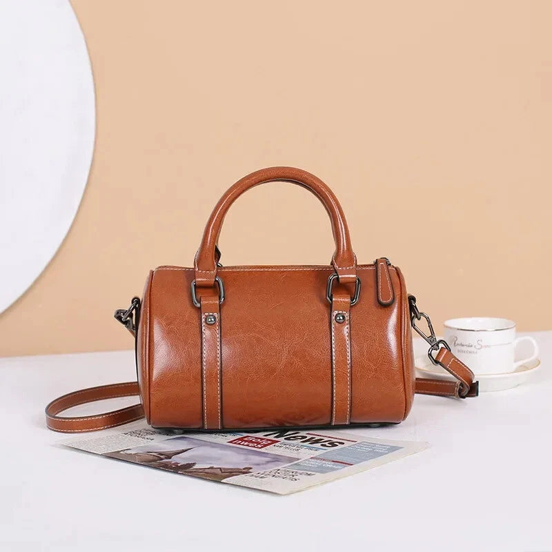 Cortex Lady Casual Zip Crossbody Bag - Top Grain Leather Cylinder Bag