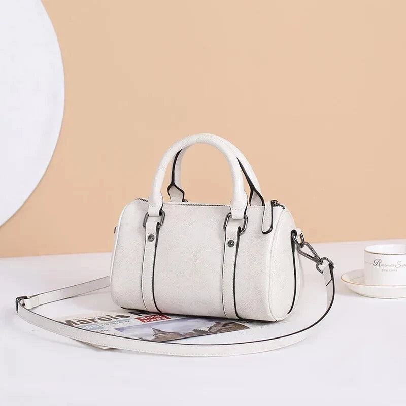 Cortex Lady Casual Zip Crossbody Bag - Top Grain Leather Cylinder Bag