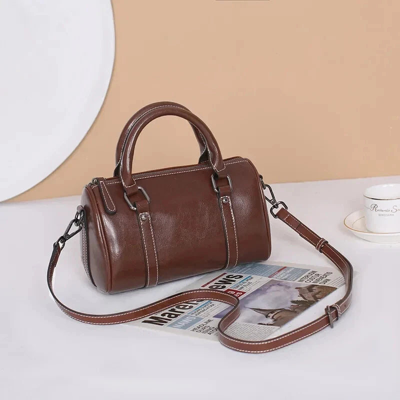 Cortex Lady Casual Zip Crossbody Bag - Top Grain Leather Cylinder Bag