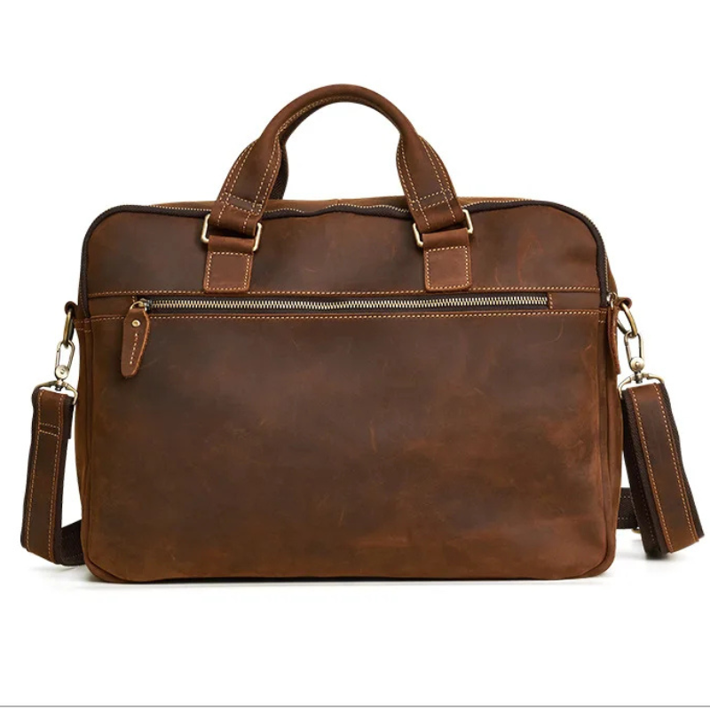 17 Inch Genuine Leather Men Briefcase - Vintage Stylish Zipper Handbag