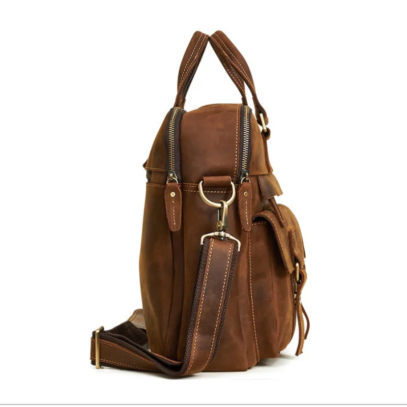 17 Inch Genuine Leather Men Briefcase - Vintage Stylish Zipper Handbag