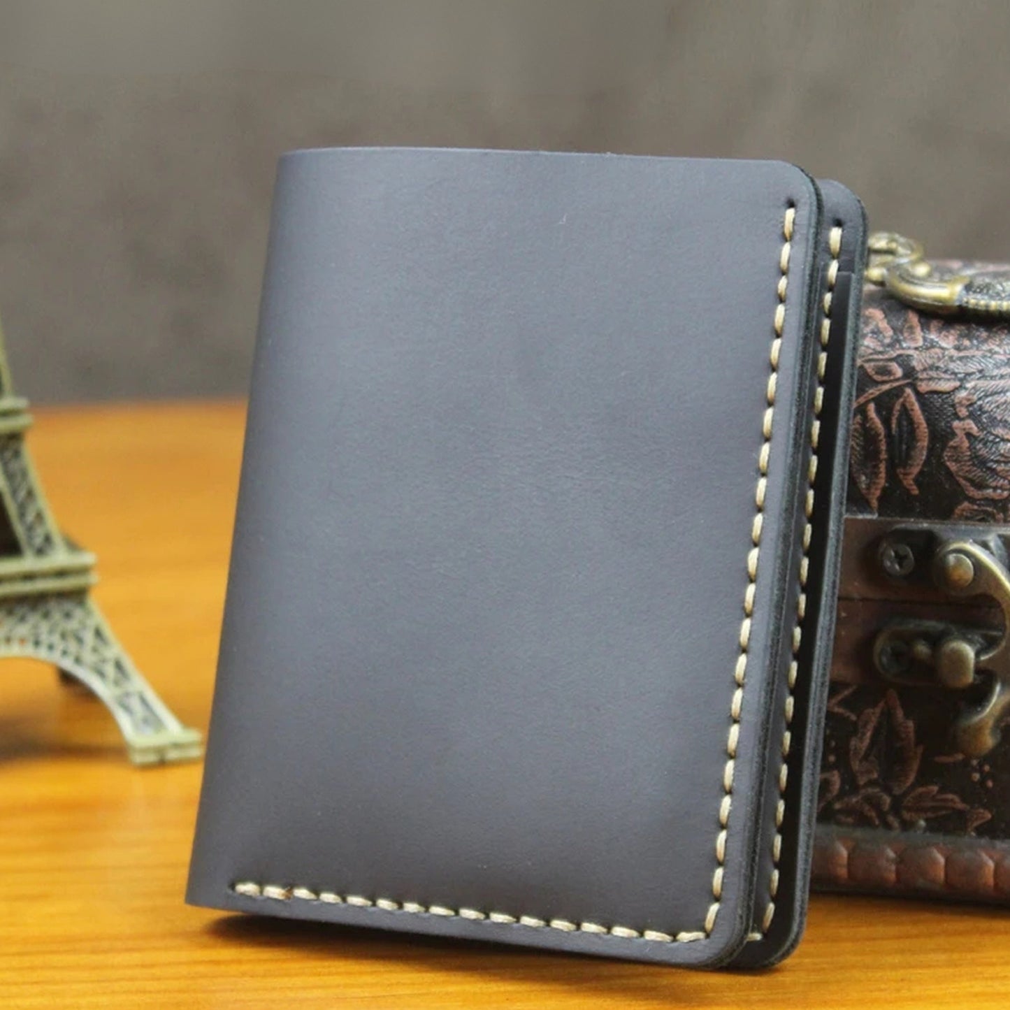 Vintage Crazy Horse Leather Short Wallet - Handmade Money Clip Purse
