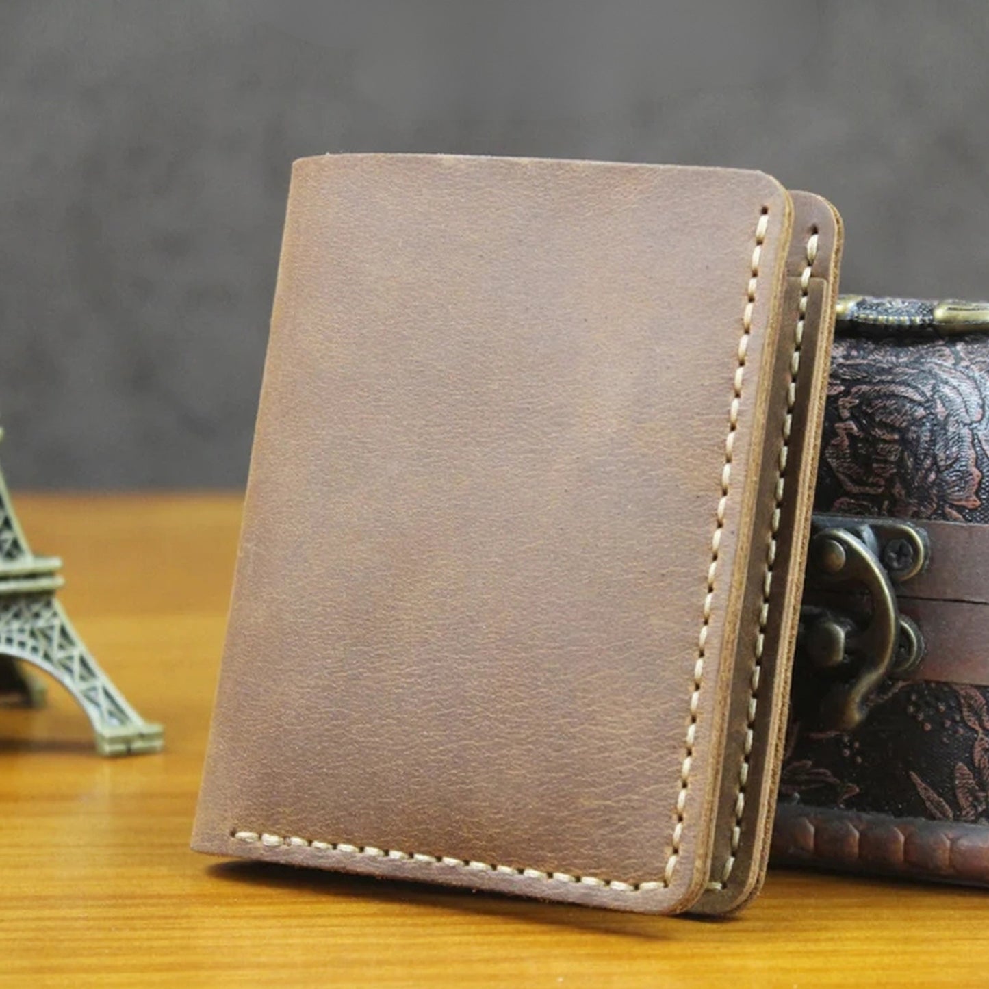 Vintage Crazy Horse Leather Short Wallet - Handmade Money Clip Purse