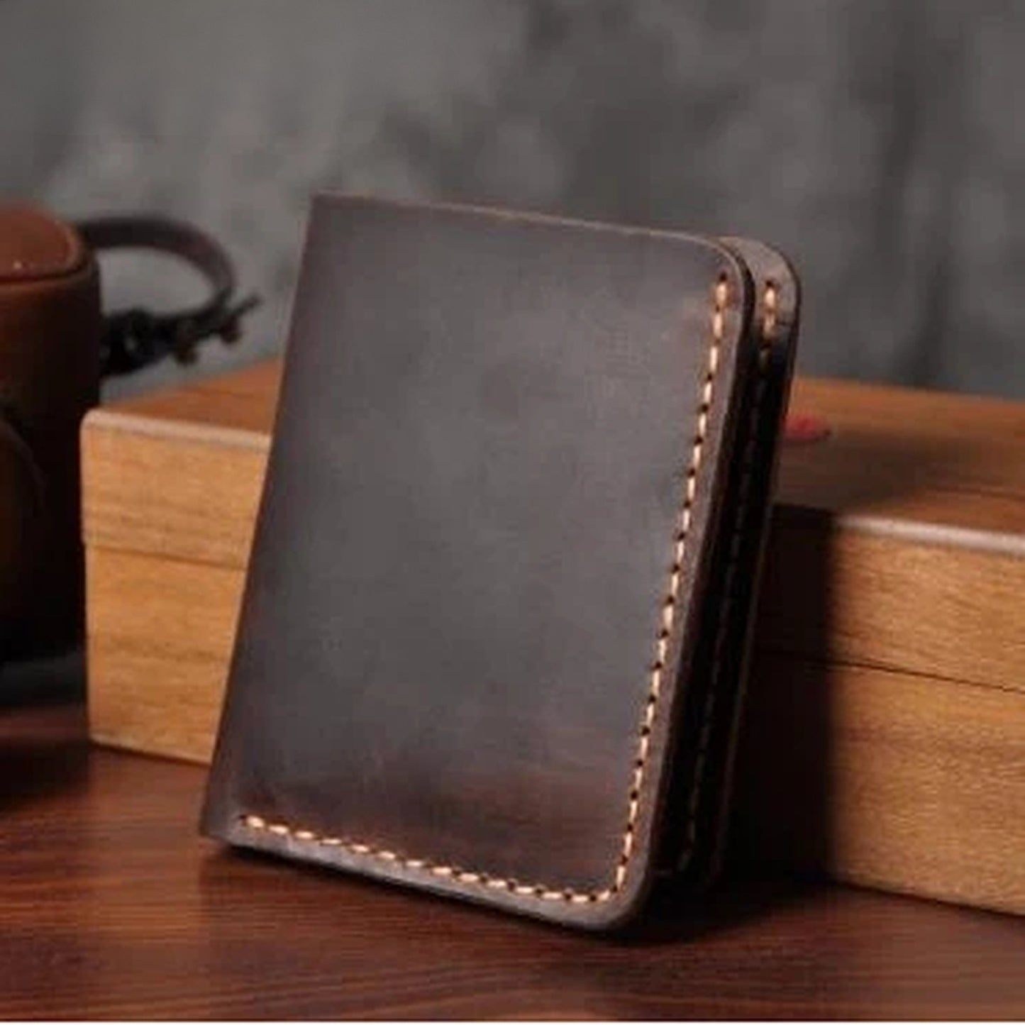 Vintage Crazy Horse Leather Short Wallet - Handmade Money Clip Purse